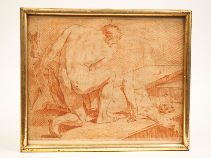 	Ecole de Carl Van Loo   « Etude de nus masculins »  Dessin à la sangu
