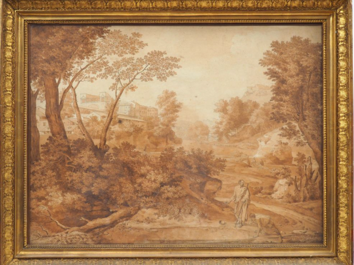 	Ecole française néoclassique. « Paysage animé » Plume et encre noire,