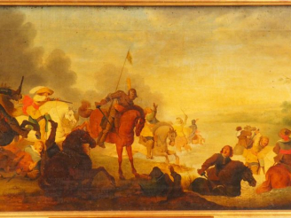 Vente aux enchères 	Ecole française XIXème.  "Choc de cavalerie" Huile sur toile. Signée 