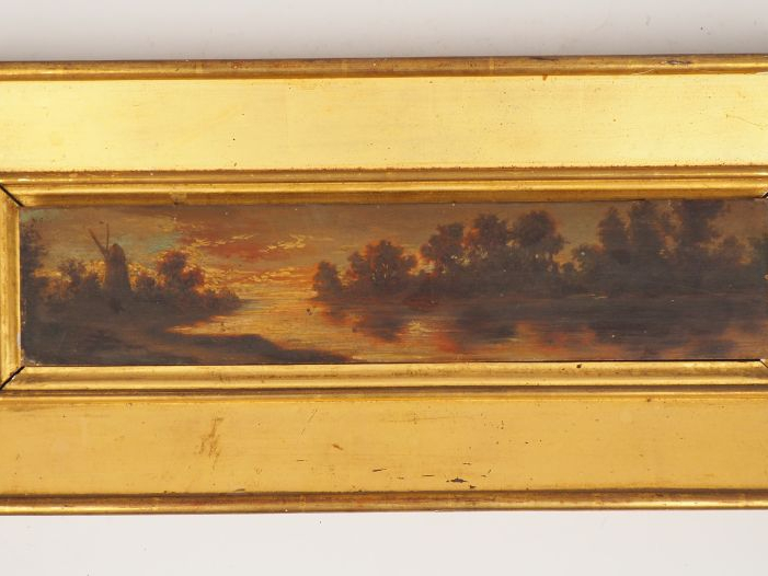 Ecole XIXème.  " Paysage lacustre au moulin » Huile sur panneau de chê