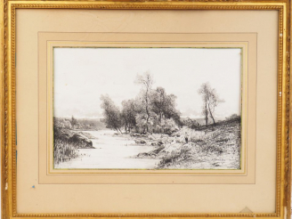 Vente aux enchères A. DONZEL « Pêcheur au bord de la rivière ». Dessin au fusain.  Signé 