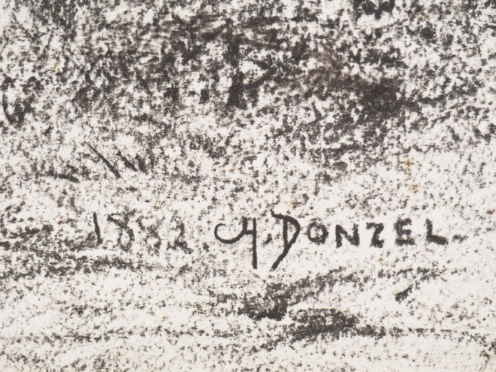 A. DONZEL « Pêcheur au bord de la rivière ». Dessin au fusain.  Signé 