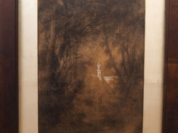 Emile HERISSAY. « Statue dans un parc » Dessin au fusain rehaussé de c