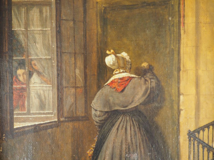 Alphonse LAVAUDAN  "Visite imprévue" Huile sur toile.  Signée en bas à