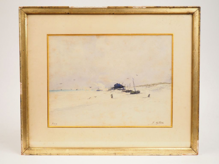 	G. LEFEVRE. « La Grève » Aquarelle.  Signée en bas à droite. Dim. 24 