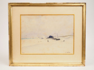 Vente aux enchères 	G. LEFEVRE. « La Grève » Aquarelle.  Signée en bas à droite. Dim. 24 