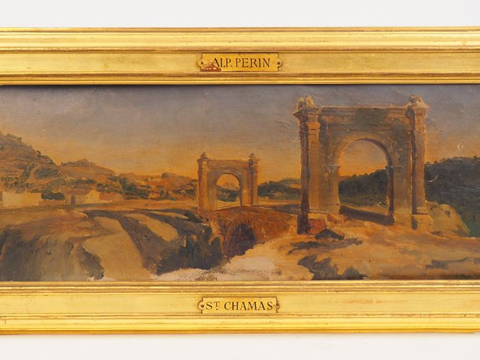 	Alphonse PERIN. « Saint Chamas » Huile sur papier.  14 x 41 cm 						