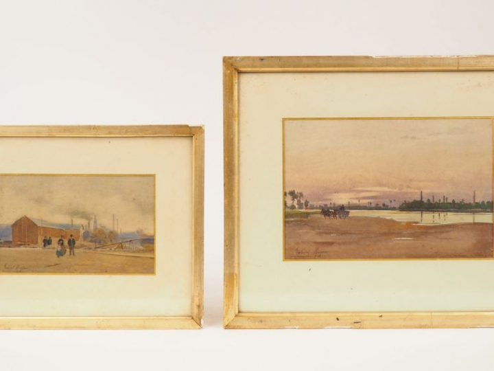 	Gabriel ROGIER  « Bord de Loire animé » Aquarelle. Signée en bas à ga
