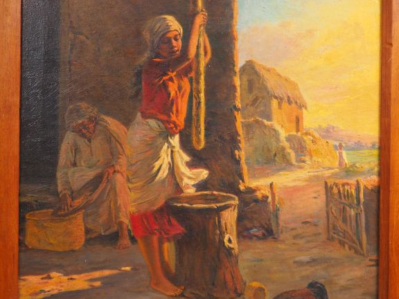 Ecole Malgache. « Jeune fille au pilon avec sa mère » Huile sur toile.