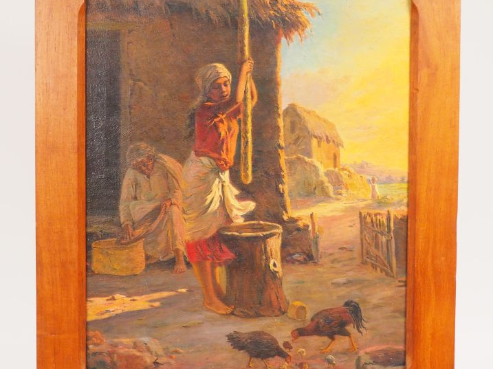 Ecole Malgache. « Jeune fille au pilon avec sa mère » Huile sur toile.