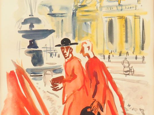 Yves BRAYER  "Cardinaux place Saint Pierre à Rome" Aquarelle.  Signée 