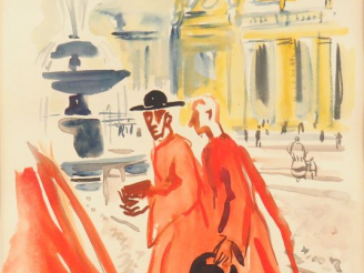 Vente aux enchères Yves BRAYER  "Cardinaux place Saint Pierre à Rome" Aquarelle.  Signée 