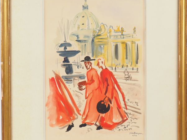 Yves BRAYER  "Cardinaux place Saint Pierre à Rome" Aquarelle.  Signée 