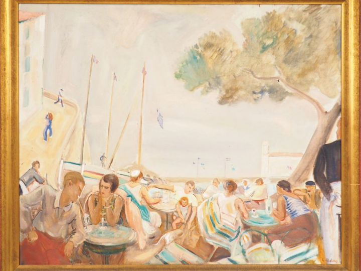 L. ABELOUS  « Bistrot sur la plage à Collioure » Huile sur toile. Sign