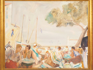Vente aux enchères L. ABELOUS  « Bistrot sur la plage à Collioure » Huile sur toile. Sign
