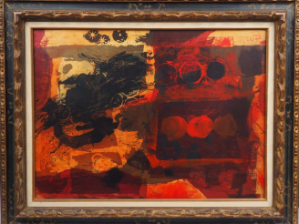 Vente aux enchères Antoni CLAVÉ  "Nature morte sur fond rouge" Huile sur papier marouflée