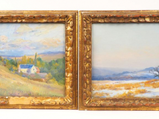 Vente aux enchères 	A. COIGNARD.  « Paysages » Paire d’huiles sur carton. 23 x 33.5 cm