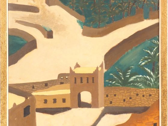 Etienne CHEVALIER  « La ville sainte de Mzat" Huile sur carton.  Signé