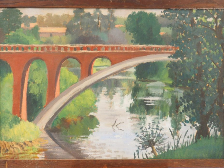 	Etienne CHEVALIER  « Le pont sur L’Agout » Huile sur carton. Non sign