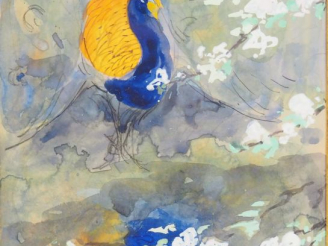 Vente aux enchères 	Paul JOUVE « Paon » Aquarelle gouachée.  Signée en bas à gauche. 22,3