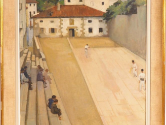 Vente aux enchères 	W. LAPARRA « La partie de pelote » Huile sur toile. Signée en bas à g