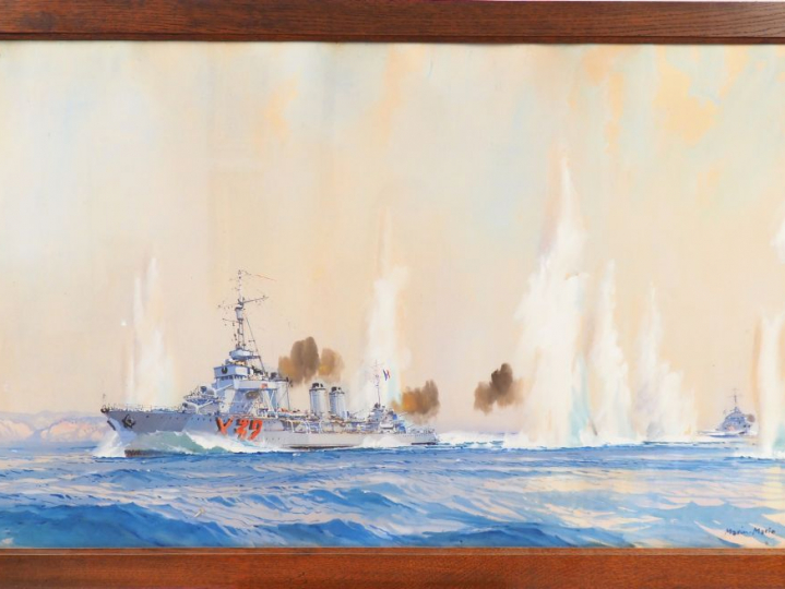 MARIN-MARIE « Le Valmy" Gouache.  Signé en bas à droite.  59,5 x 97,5 