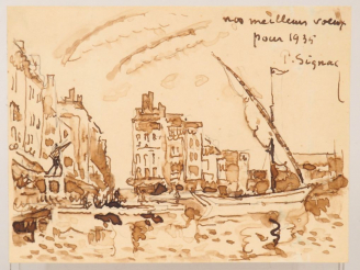 Vente aux enchères Paul SIGNAC  "St-Tropez"  Lavis. Signé en haut à droite, dédicacé et d