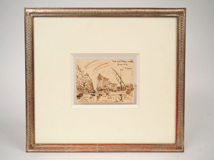 Paul SIGNAC  "St-Tropez"  Lavis. Signé en haut à droite, dédicacé et d