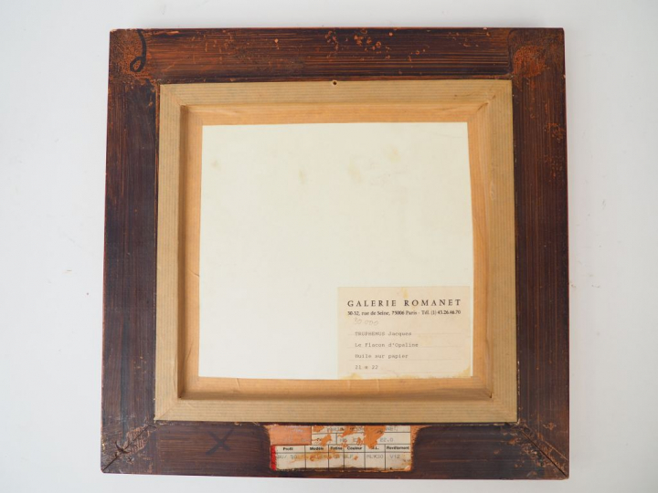 Jacques TRUPHÉMUS "Le flacon d'opaline" Huile sur papier. Signée en ba