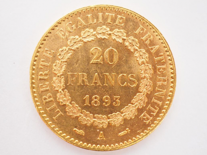 Pièce de 20 Francs or, 1893-A. FRAIS ACHETEURS 5% TTC