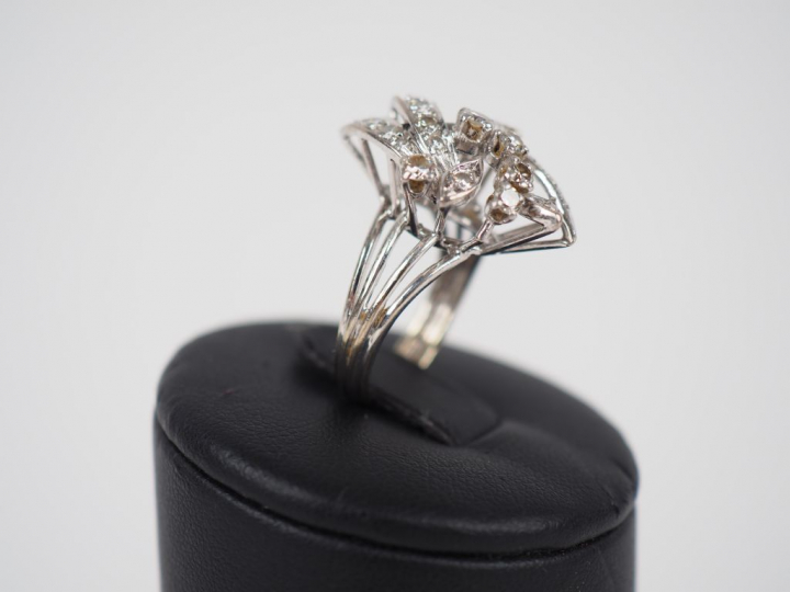 Bague en or blanc, sertie de petits diamants, à décor de motif stylisé