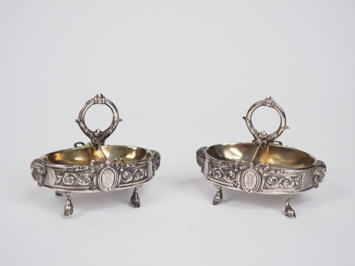 Paire de salerons doubles de style Louis XVI en argent et vermeil, poi