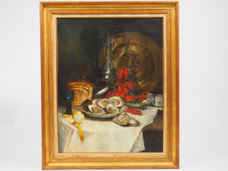Vente aux enchères Henri CAUCHOIX.  'Nature morte aux crustacés'. Huile sur toile, signée