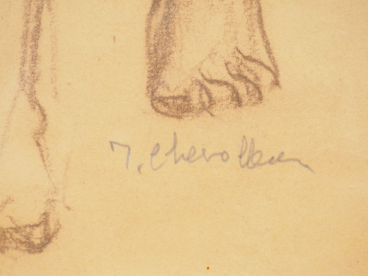 Jean CHEVOLLEAU. 'Nue'. Dessin, signé en bas à droite. Dim. : 37 x 26 
