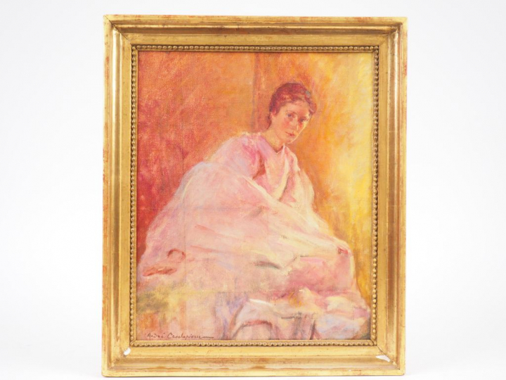 	André CROCHEPIERRE. 'Portrait d’élégante au châle blanc'. Huile sur t