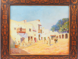 Vente aux enchères Louis DEBANNE. 'Le gourbi à Biskra'. Huile sur toile, signée en bas à 