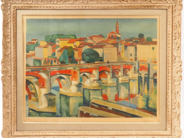 François DESNOYER. 'Vue d'Albi'. Lithographie en couleurs, signée en b