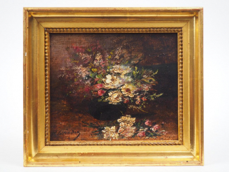 Vente aux enchères 	R. GOURDON. 'Bouquet de fleurs'. Huile sur panneau, signée en bas à g