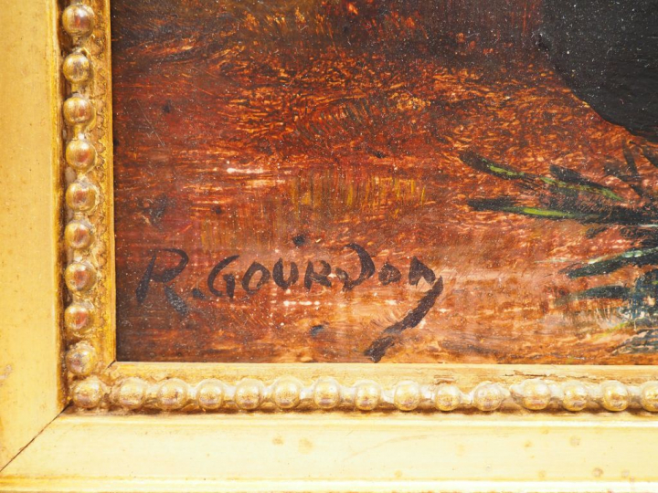 	R. GOURDON. 'Bouquet de fleurs'. Huile sur panneau, signée en bas à g