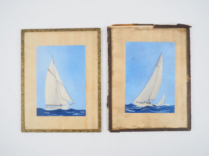 Léon HAFFNER. (attribué à). 'Voiliers'. Paire de gouaches au pochoir. 