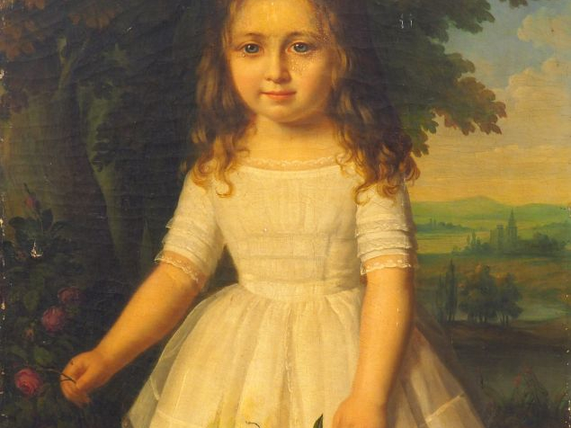 	Jules de LACGER. 'Portrait de fillette tenant des roses'. Huile sur t