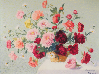 Vente aux enchères Achille LAUGÉ "'Bouquet de pivoines, roses et marguerites" Huile sur t