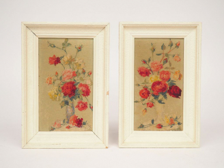 Vente aux enchères Achille LAUGE. 'Petit bouquet de roses en paire'. Paire de panneaux, v
