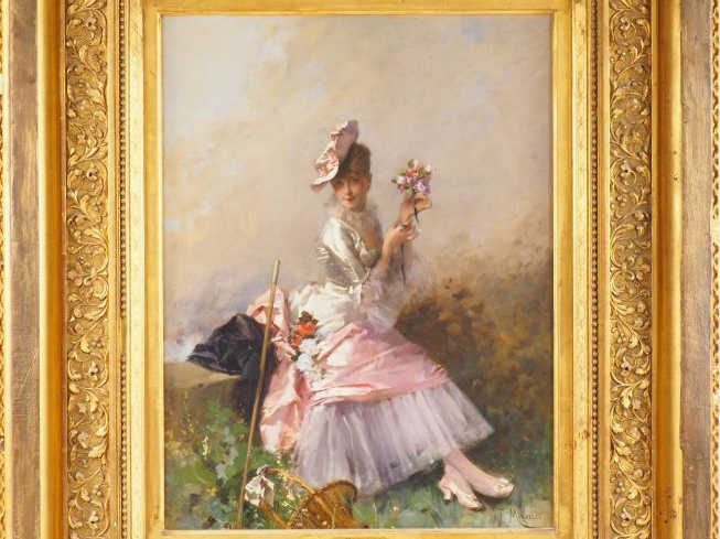 Francisco MIRALLES.  'Elégante cueillant des fleurs'. Huile sur toile,