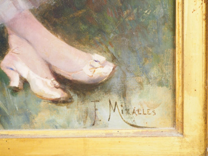 Francisco MIRALLES.  'Elégante cueillant des fleurs'. Huile sur toile,