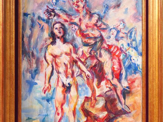 René MORERE. "Le baptême" Huile sur toile, signée en haut à gauche. Di