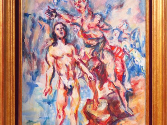 Vente aux enchères René MORERE. "Le baptême" Huile sur toile, signée en haut à gauche. Di