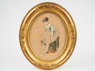 Vente aux enchères NOLYON. 'Danseuse au tambourin'. Plume et aquarelle, signée en bas à d
