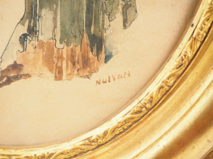 NOLYON. 'Danseuse au tambourin'. Plume et aquarelle, signée en bas à d