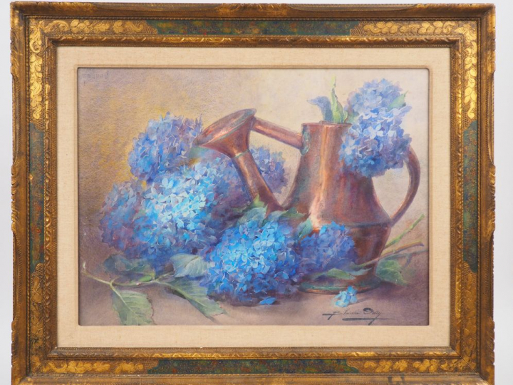 Blanche ODIN. 'Hortensias bleus et arrosoir en cuivre rouge'. Aquarell